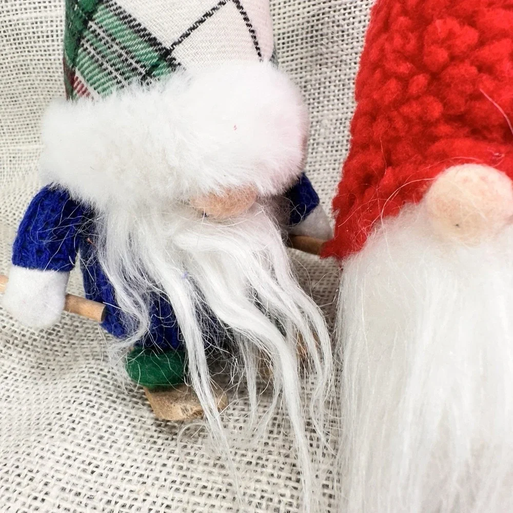 Christmas Gnome Ornaments Lot Nordic‎ Plush Red Hat & Wood Skier Gnome Decor